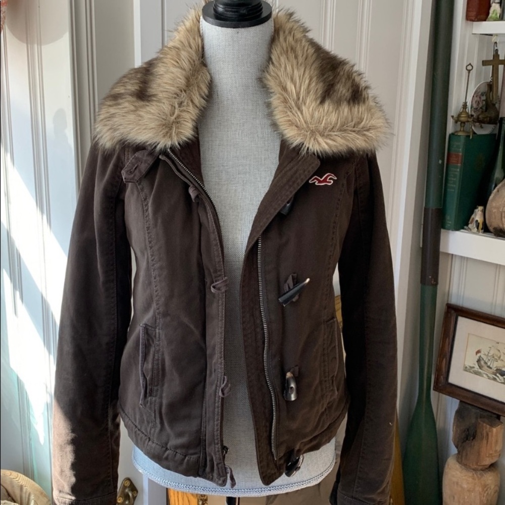 Hollister cotton faux fur bomber jacket y2k horn buttons removable collar